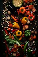 various vegetables and beans on a black background generative ai photo