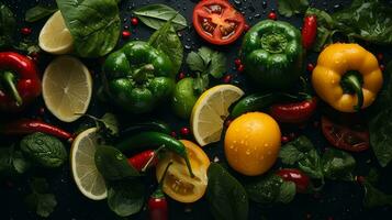 various vegetables and fruits on a black background with water droplets generative ai photo