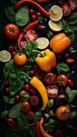 various vegetables and fruits on a black background generative ai photo