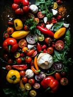 various vegetables and herbs on a black background generative ai photo