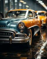 vintage cars are parked in an indoor garage generative ai photo