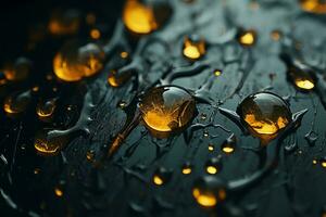 water droplets on a black surface with yellow lights generative ai photo