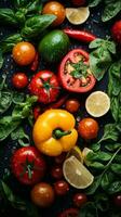 various vegetables and tomatoes on a black background generative ai photo