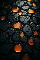 water droplets on a black surface with orange lights generative ai photo