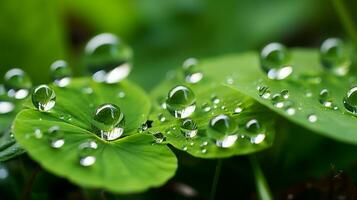 agua gotas en un verde hoja generativo ai foto