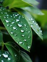 water droplets on a green leaf generative ai photo