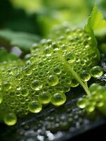 agua gotas en un frondoso verde planta generativo ai foto