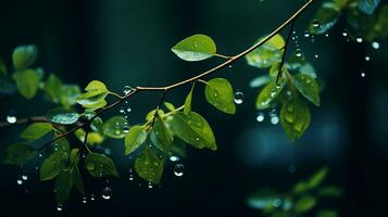 agua gotas en un árbol rama con verde hojas generativo ai foto