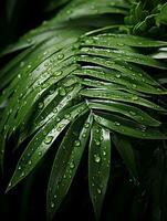 agua gotas en el hojas de un palma árbol generativo ai foto