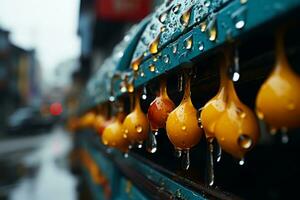 agua gotas en el lado de un autobús generativo ai foto