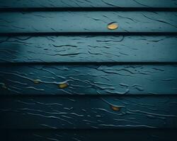 agua gotas en un oscuro azul de madera pared generativo ai foto