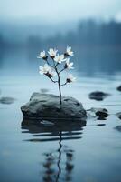 blanco flores creciente en un rock en el medio de un lago generativo ai foto