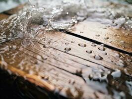 water splashing on a wooden surface generative ai photo