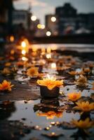 yellow lotus flowers in a puddle of water with a lit candle in the middle generative ai photo
