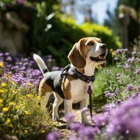 A curious Beagle sniffing flowers in a garden with a purple leash photo