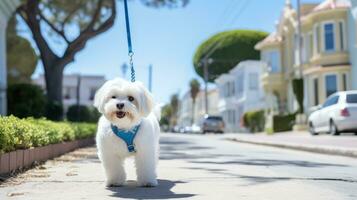 A white Maltese walking on a city sidewalk with a blue leash photo