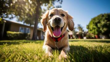 A happy Golden Retriever on a green lawn with a red leash photo