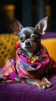 A content Chihuahua laying on a couch with a patterned leash photo