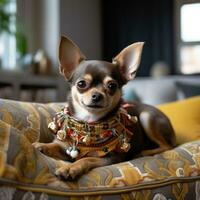 A content Chihuahua laying on a couch with a patterned leash photo