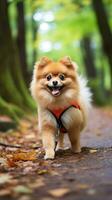 A fluffy Pomeranian walking on a forest trail with a green leash photo