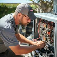 HVAC technician servicing an air conditioning unit photo