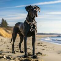 A majestic Great Dane standing on a beach with a black leash photo