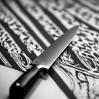 A close-up photograph of a chef's knife, highlighting its sharp edge and intricate blade patterns, captured with macro photography, showcasing the artistry of culinary tools-AI Generated. photo