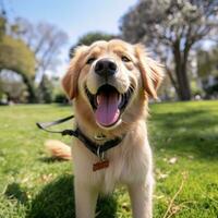 A happy Golden Retriever on a green lawn with a red leash photo