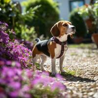 un curioso beagle olfateando flores en un jardín con un púrpura Correa foto