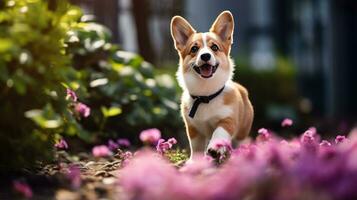 A cute Corgi sitting on a park bench with a pink leash photo