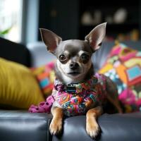 A content Chihuahua laying on a couch with a patterned leash photo