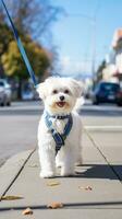 un blanco maltés caminando en un ciudad acera con un azul Correa foto