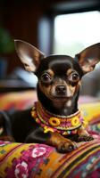 A content Chihuahua laying on a couch with a patterned leash photo