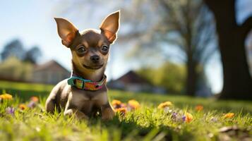 A content Chihuahua laying on a couch with a patterned leash photo