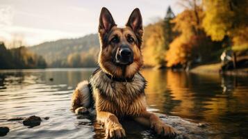 A loyal German Shepherd sitting by a lake with a brown leash photo