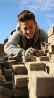 Mason laying bricks to build a wall photo