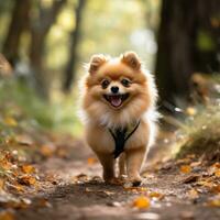 un mullido pomeranio caminando en un bosque sendero con un verde Correa foto