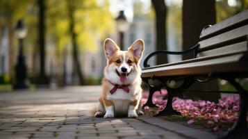 A cute Corgi sitting on a park bench with a pink leash photo