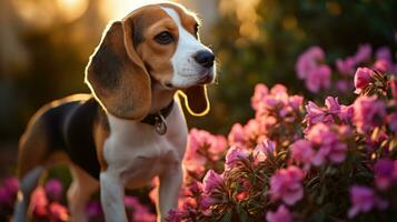 un curioso beagle olfateando flores en un jardín con un púrpura Correa foto