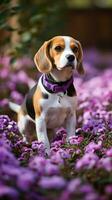 un curioso beagle olfateando flores en un jardín con un púrpura Correa foto