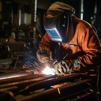 Welder using a torch to repair metal equipment photo