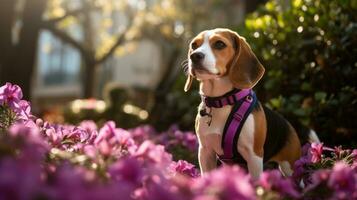 un curioso beagle olfateando flores en un jardín con un púrpura Correa foto
