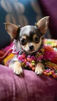 A content Chihuahua laying on a couch with a patterned leash photo