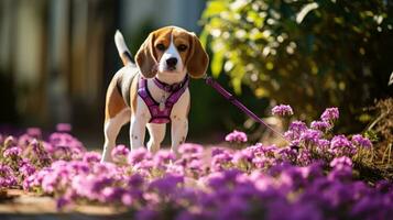 A curious Beagle sniffing flowers in a garden with a purple leash photo