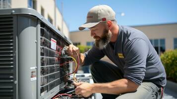 HVAC technician servicing an air conditioning unit photo