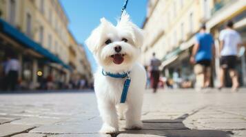 A white Maltese walking on a city sidewalk with a blue leash photo
