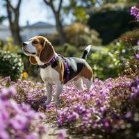 A curious Beagle sniffing flowers in a garden with a purple leash photo