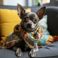 A content Chihuahua laying on a couch with a patterned leash photo