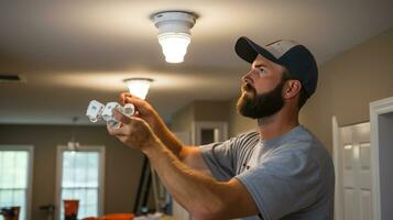 Electrician installing new light fixtures in a home photo