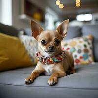 A content Chihuahua laying on a couch with a patterned leash photo